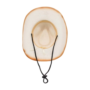 Detailed top view of vintage straw cowboy hat with brown brim and adjustable wind rope
