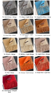 Collage showing thirteen color options of thick cashmere-feel scarves with long fringes