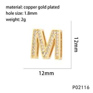 Detailed specs of the gold plated letter M pendant with white zircon inlays and dimensions