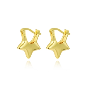 Detailed view of glossy gold star-shaped hoop earrings with a polished finish and hinge