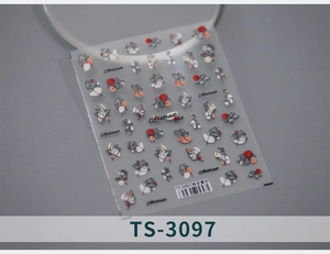 Macro view of TS-3097 5D nail art stickers with black abstract lines and red geometry