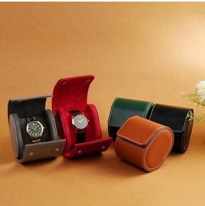 Detailed macro view of portable PU leather watch travel cases in five stylish colors