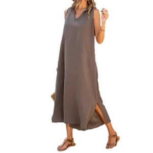 Women's V-neck sleeveless loose casual maxi dress with side split in dark brown