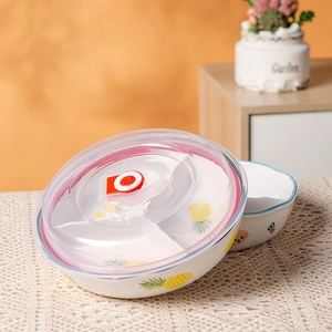 Boîte déjeuner en céramique à trois compartiments avec motif ananas et couvercle scellé