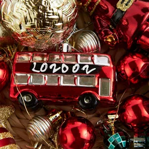 70pcs Christmas ornaments set with red double-decker bus and festive gold balls