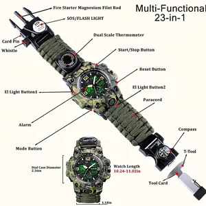 Men Multi Functional Survival Watch Outdoor Tactical Paracord Strap Compass Thermometer Dual Display Waterproof