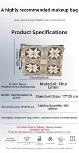 Dettaglio della trama in lino e del motivo floreale geometrico della borsa da trucco