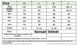 Size guide for ruched velvet midi dress including measurements for XS to L in centimeters
