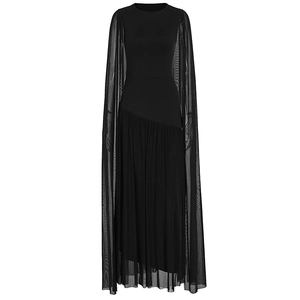 Detail of elegant black bodycon dress featuring long sheer mesh cape sleeves