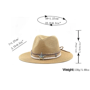 Detailed dimensions of bohemian straw hat with turquoise beads and star studs