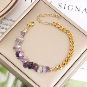 Bracelet en acier inoxydable doré avec pierres améthystes et chaîne réglable