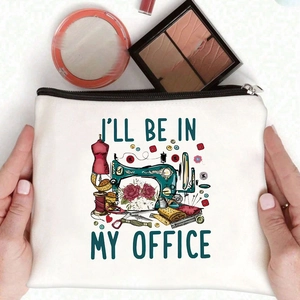 Canvas makeup bag with sewing machine print and zipper closure for stationery storage