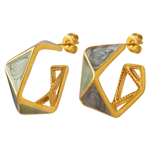 Geometric gold earrings with green and grey marble enamel in a modern minimalist style