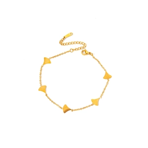 Detail of gold chain bracelet with five ginkgo leaf pendants and lobster clasp closure
