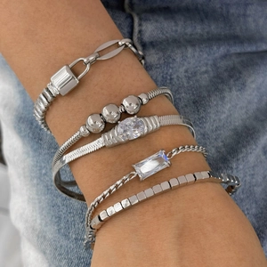 Stainless Steel Bracelet Minimalist Fashion Light Luxury Women Cubic Zirconia Geometric Charm Elegant Trendy Jewelry
