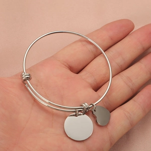 Polished stainless steel expandable bangle with heart and round charm tags for DIY engraving