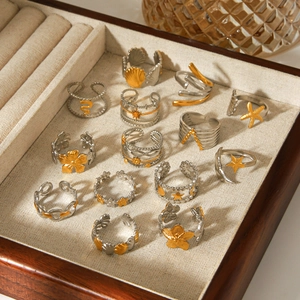 13pcs gold and silver stainless steel adjustable open rings with ocean nature charms