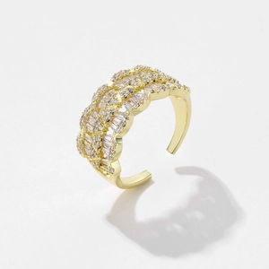 Adjustable wide gold ring with pavé sparkling zircon stones and wavy border design