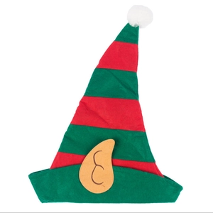 Detail of red and green striped elf hat with pointed ears and white fluffy pom pom