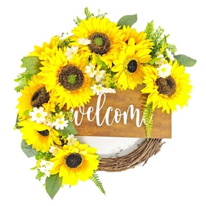 Couronne de tournesols avec panneau de bienvenue en bois et base de vigne pour porte d'entrée