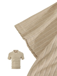 Detailed macro view of the khaki striped towel textured polo fabric and collar
