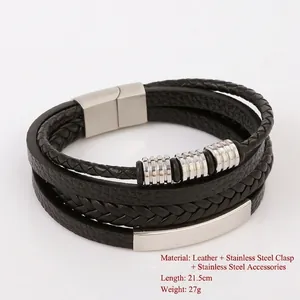Men's multilayer black braided leather bracelet with stainless steel magnetic clasp