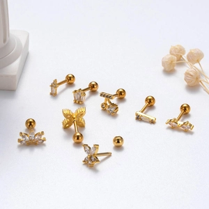 Golden stainless steel cartilage stud earring set with zircon floral and crown shapes