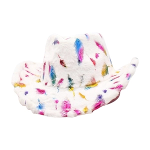 White plush cowboy hat with vibrant colorful feather patterns for festive holiday parties