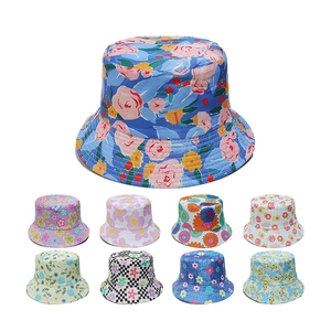 Floral Print Bucket Hat Polyester Sun Protection Wide Brim Summer Outdoor Vacation Pastoral Style Women