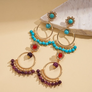 Bohemian vintage hollow round earrings with colorful stone inlay and diamond accents