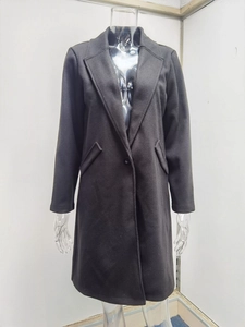 Detail shot of the single-breasted buttons and collar on the black wool blend coat