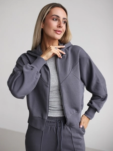 Slim fit dark grey zip-up hoodie set with high-waist straight leg joggers for women