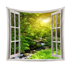 3D window view wall tapestry featuring a lush green forest landscape and sunlight