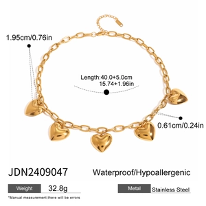 Detailed view of gold stainless steel heart necklace with size specs and waterproof metal