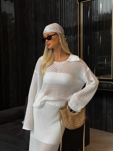 Summer white hollow knit two-piece set featuring long sleeve top and slim midi skirt