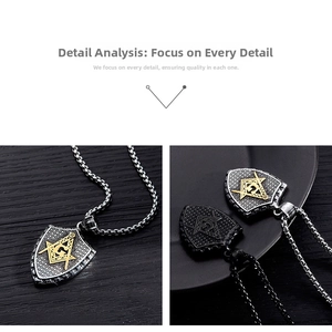 Macro detail of Freemasonry shield pendant in silver-gold and black steel finishes