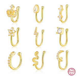9-piece set of 925 sterling silver gold-plated non-piercing nose rings with star and moon designs
