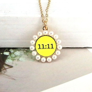 Lucky 11:11 gold plated pearl necklace with yellow enamel numeric circle pendant