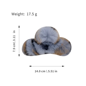 Large cloud-shaped faux rabbit fur hair claw clip with size and weight dimensions