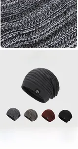 Detail of warm winter beanies with fleece lining and premium knitted texture in four colors