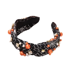 Halloween knot headband with spider web pattern, orange pearls and shiny rhinestones
