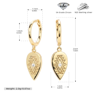 Detail showing 925 sterling silver hoop earrings with teardrop zircon and size dimensions