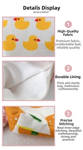 Detail showing high-density stitching and reinforced white lining on duck print canvas bag