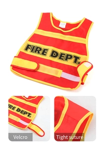 Detail of red kids firefighter vest featuring Velcro closure and reflective yellow stripes