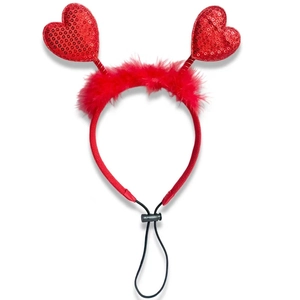 Red sequin heart headband with feather trim and adjustable elastic strap for parties
