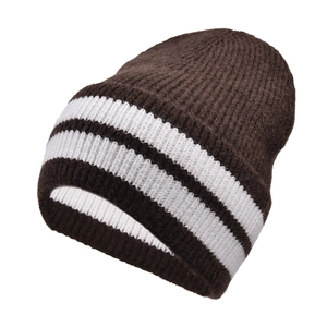 Macro detail of the thick knit texture on this striped brown and white wool beanie hat