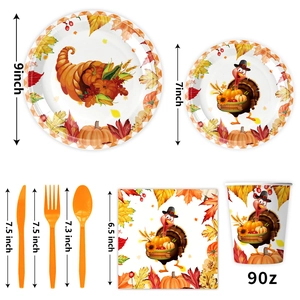 Thanksgiving party tableware set with turkey and pumpkin prints, plates, cups and napkins