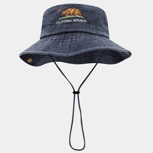 Detail of embroidered California Republic bear on washed gray cotton fisherman hat