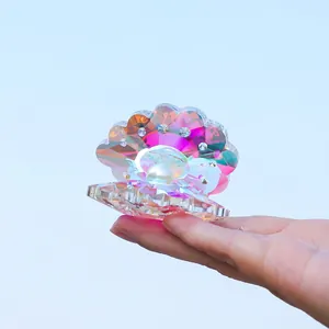 Rainbow crystal shell ornament with pearl center, faceted glass collectible for home decor