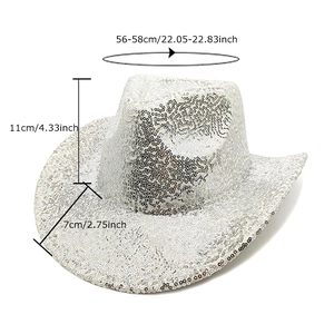 Sparkling silver sequin cowboy hat with precise size measurements for festive parties
